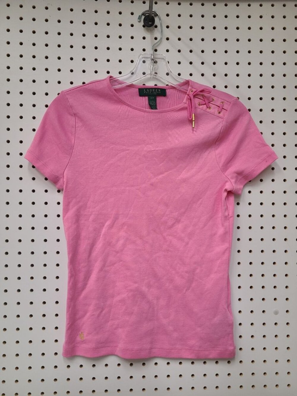Lauren Ralph Lauren Petite Pink Lace-Up Shoulder T-Shirt 100% Cotton Short Sleev